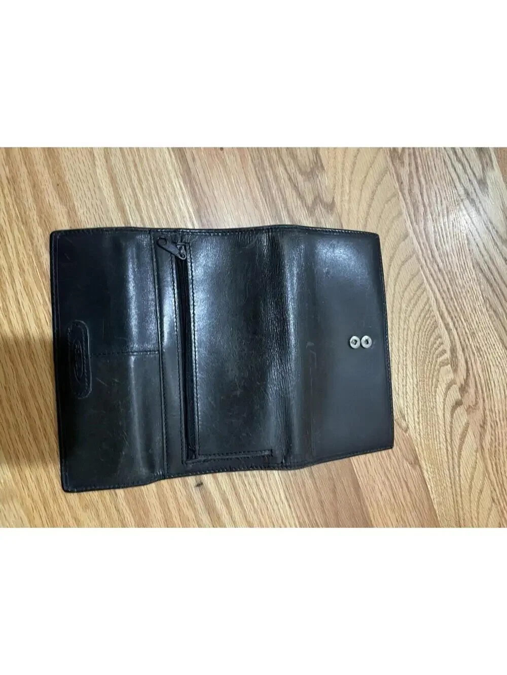 Vintage Fossil Black Genuine Leather Womens Trifold Wallet W/Outer Zipper Pocket